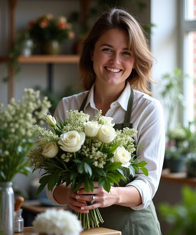 A friendly florist from Rainforest Petals carefully arranging a bespoke bouquet in the workshop.