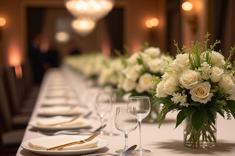 Elegant floral centerpieces on a long table at a corporate event.
