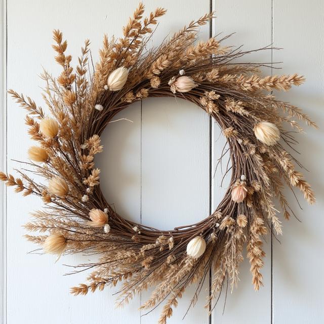 A beautiful, intricate wreath made from dried flowers and grasses.