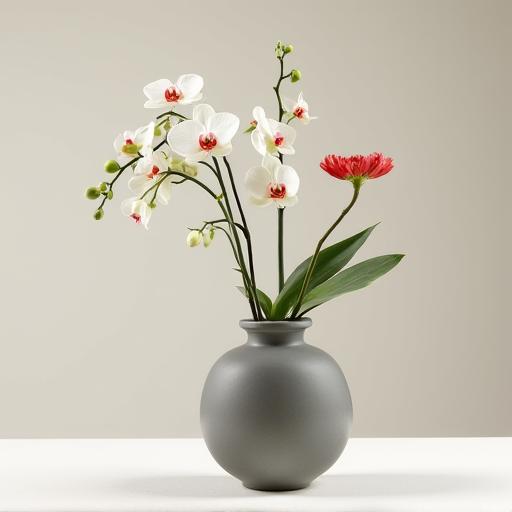 A minimalist, Ikebana-style floral arrangement in a ceramic vase.
