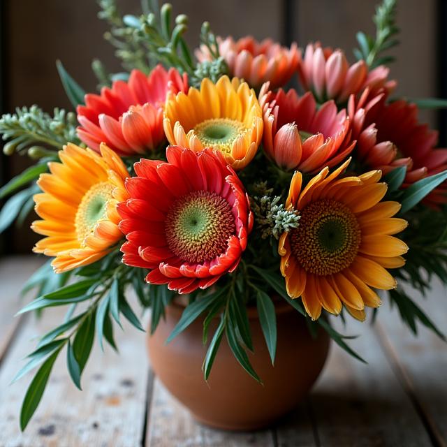 A rustic arrangement featuring native Australian flowers and proteas.