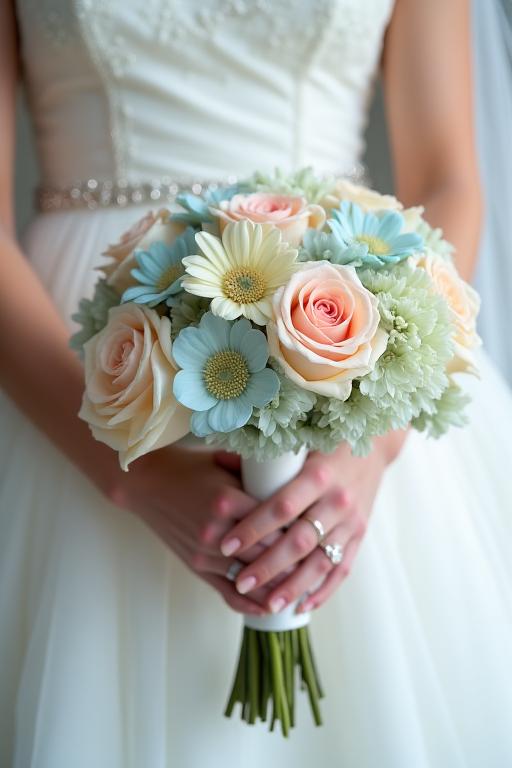 A delicate pastel wedding bouquet held by a bride.