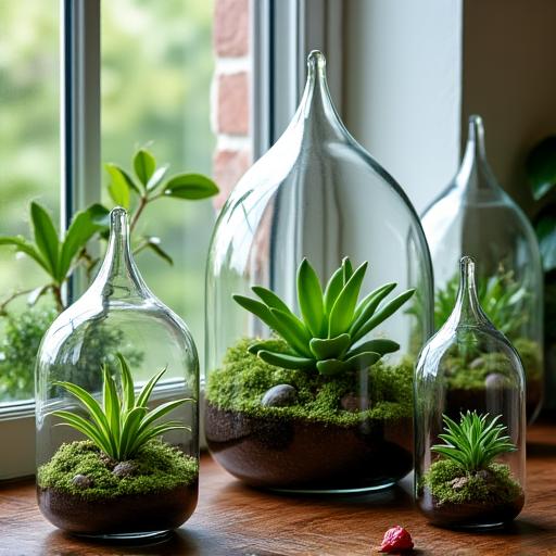 A collection of beautiful, handmade glass terrariums with lush green plants inside.