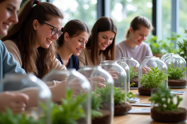 Participants smiling and creating their own terrariums during a Rainforest Petals workshop.